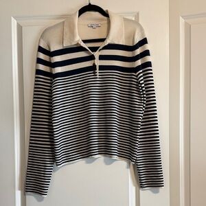 Veronica Beard Cream and Navy Striped V-Neck Sweater
